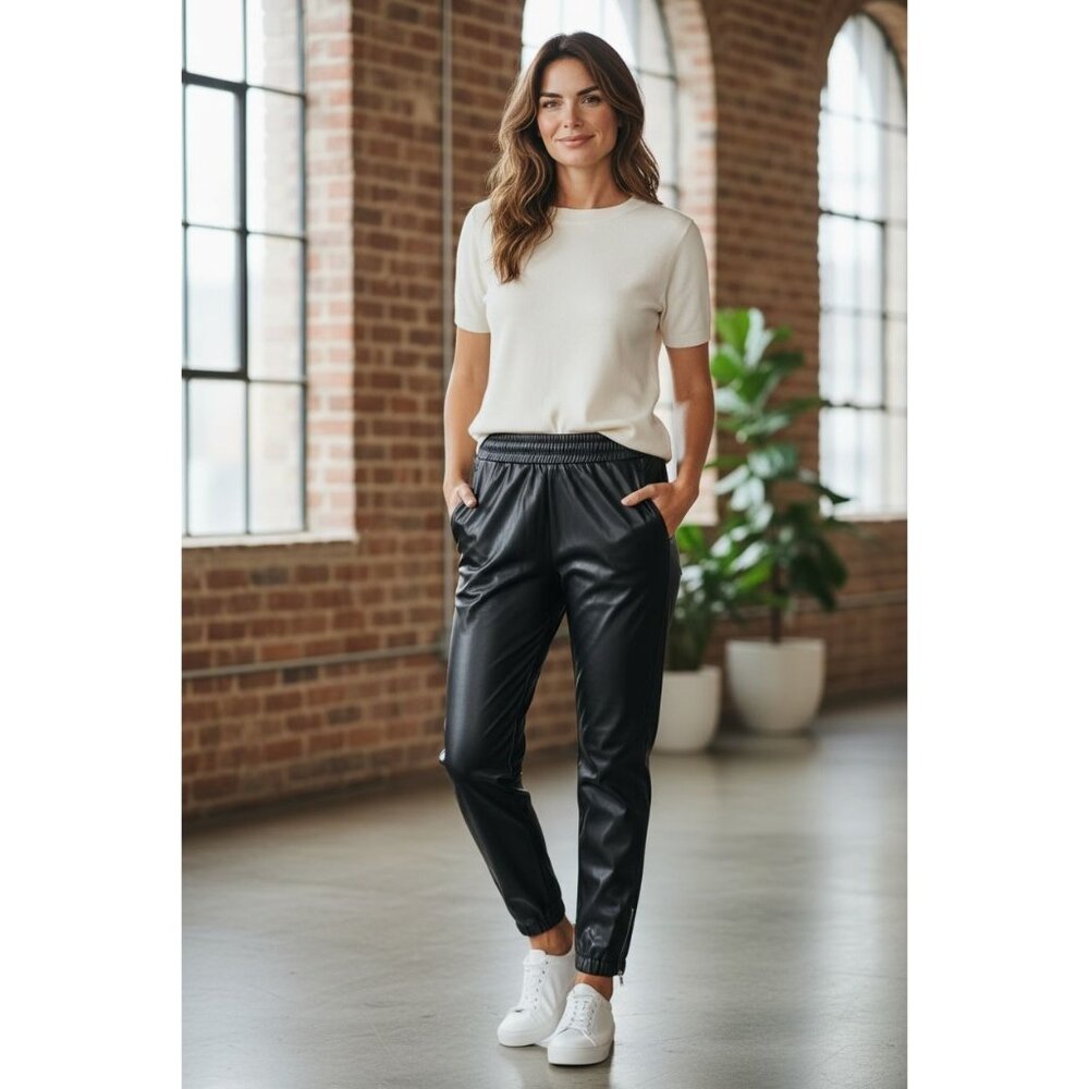NEW Anthropologie Avec Les Filles L Faux Leather Jogger Pants Black Elastic